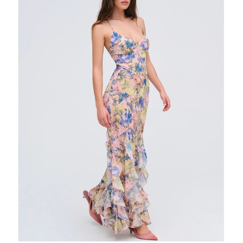 For Love & Lemons Floral Ruffle Maxi Dress in Pastel Yellow, Blue, Pink